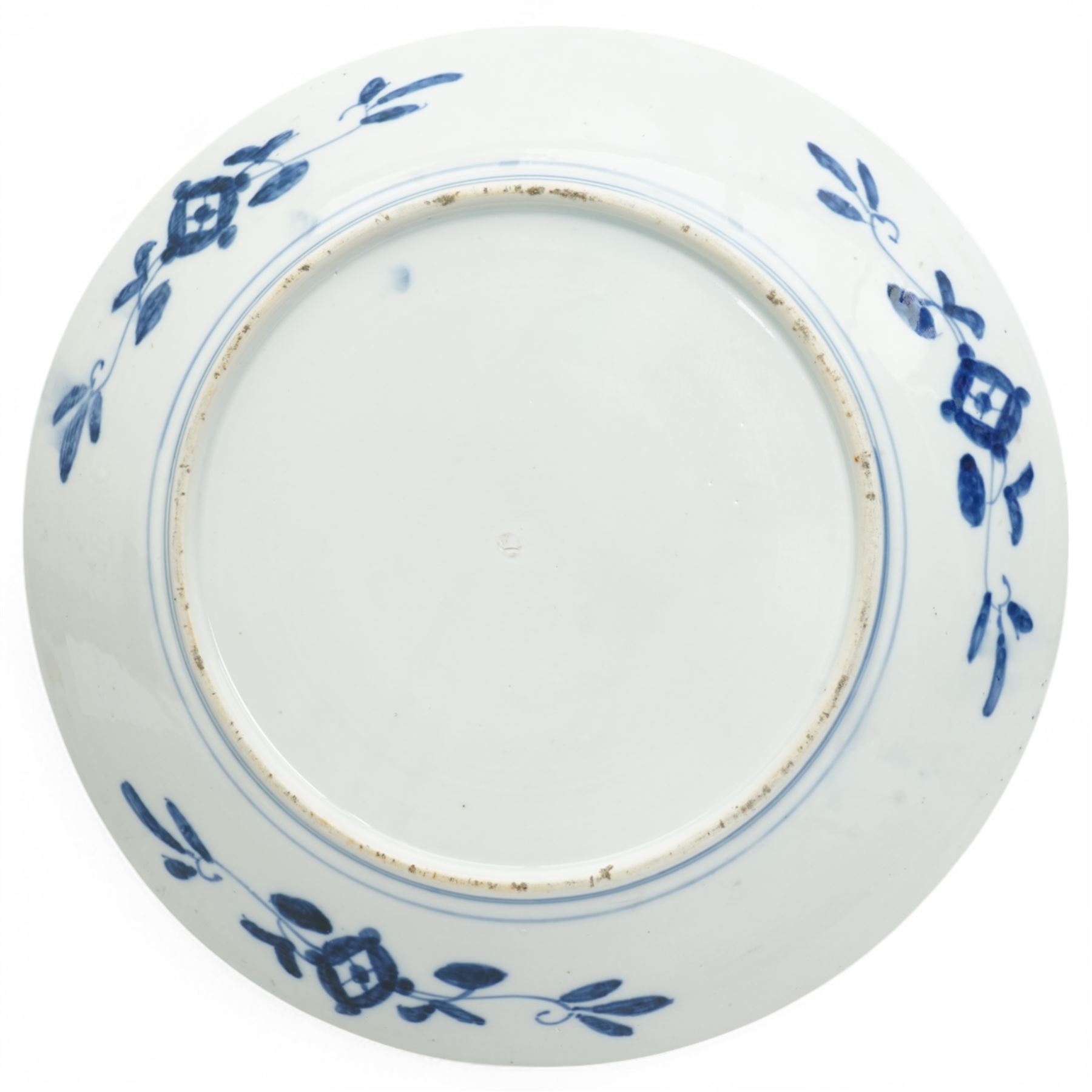 Japanese Imari charger decorated with panels of birds and flowers in orange, blue and red etc D37cm and two smaller Imari plates D21cm (3) 