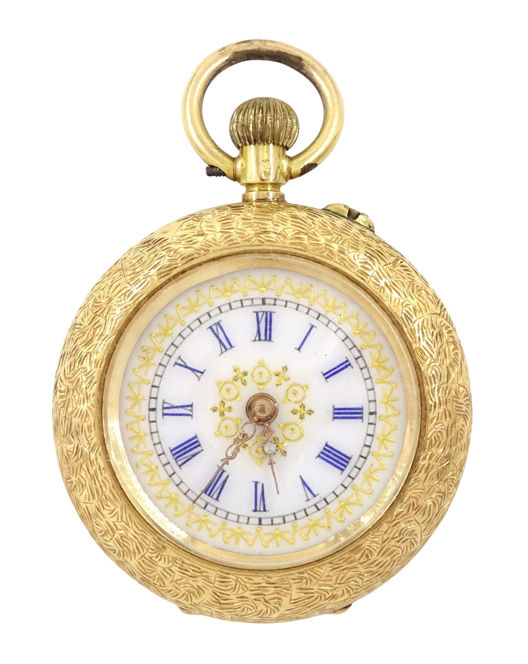 Early 20th century 14ct gold open face, keyless cylinder fob watch, white enamel dial with Roman numeral hour markers, case with engraved foliate decoration, stamped 14K