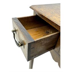 18th century oak lowboy, rectangular moulded top over three frieze drawers with brass swing handles, scalloped apron, on slender square section supports