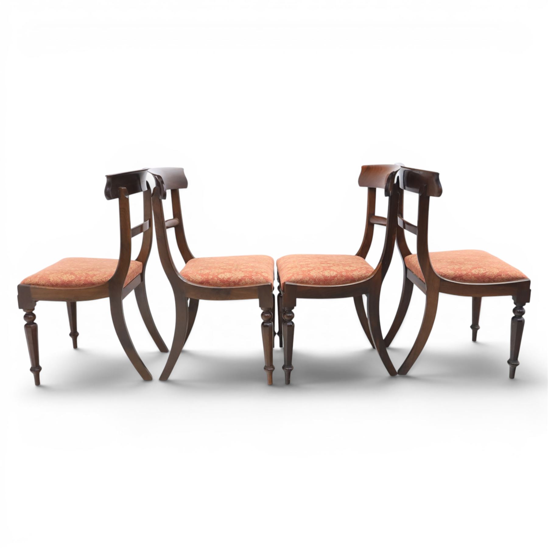 Set of eight 20th century solid rosewood dining chairs, upholstered drop in seats, on oak stretchers, made by Gott's of Pickering and T Feetam of Hull, stamped on all chairs, seat height 47cm