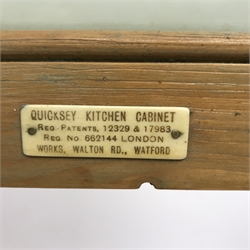 1920s Quicksey kitchen cabinet, two cupboards above fall front enclosing fitted interior, two drawers and two cupboards, W78cm, H181cm, D44cm