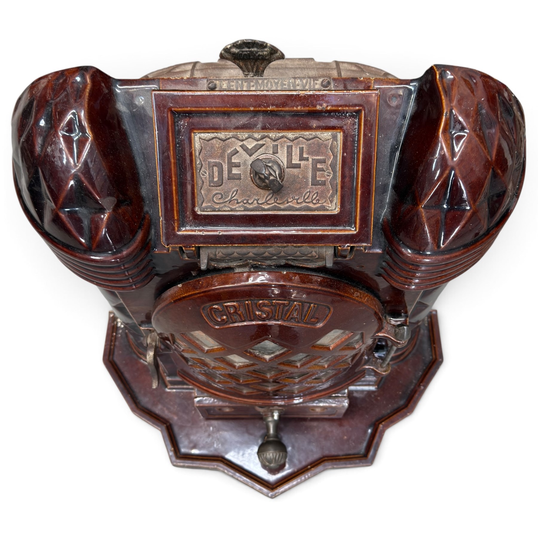 Deville & Cie of Charleville - early 20th century Art Deco cast iron and burgundy enamel 'Cristal' wood burning stove, hinged vent over lattice glazed door and ash drawer, on shaped geometric base, circa 1920