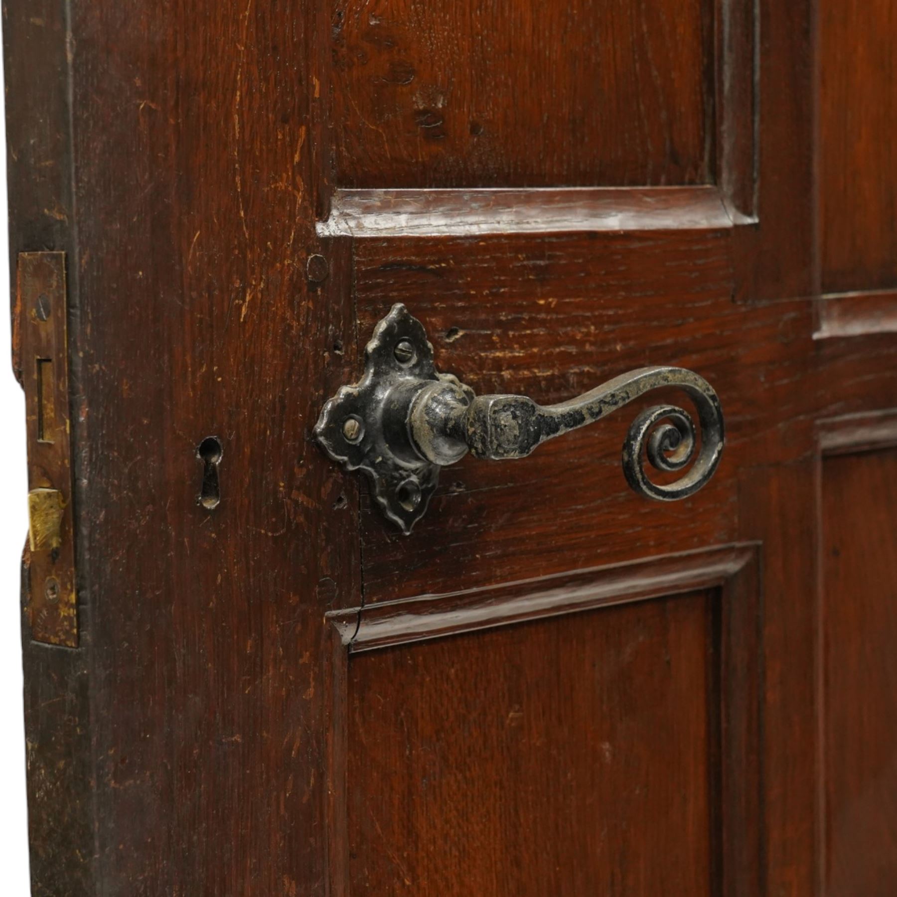 Mouseman - 1940s glazed, panelled and adzed vestibule door with castellated frame, with carved mouse signature, by Robert Thompson of Kilburn