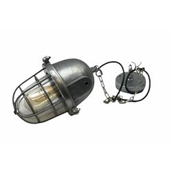 Hanging metal lantern with a cage around the glass shade, length of lamp 30cm, excluding chain.  