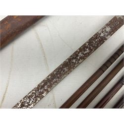 George V 1897 pattern Infantry officers sword, the 82cm single fullered blade with traces of etched detail and George V crown cipher, the ricasso marked Hawksworth Sheffield, pierced half basket hilt with George V cypher, wire-bound fish-skin grip with brass pommel and backstrap; in leather scabbard L102cm overall; together with two sectional gun cleaning rods; swagger stick made of leather strips etc