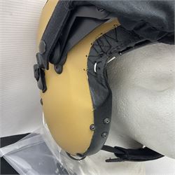 Mk.4 Flight Helmet, as used by RAF and Civilian helicopter pilots; in RAF sand colour (desert use),  fitted with cloth visor cover and working boom mike; has had a complete refit and is bench tested.