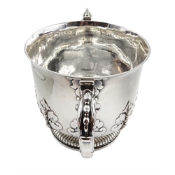 Edwardian Britannia silver twin handled lidded cup, in the late 17th Century style, with applied stylised acanthus leaf decoration by George Fox, London 1903, approx 79.5oz, height 24cm