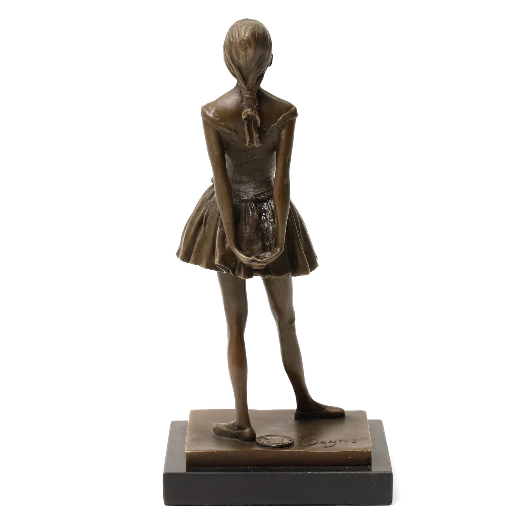 After Edgar Degas (French 1834-1917): La Petite Danseuse de Quatorze Ans, small bronze figure modelled as a young female dancer, bearing signature and with foundry mark, raised upon a rectangular base, H18.5cm