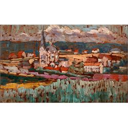 Paul Elie Gernez (French 1888-1948): Church and Village in French Landscape, oil on panel ...