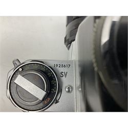 Asahi Pentax S1a camera body, serial no. 707071, with 'Super-Takumar 1:1.8/55' lens, serial no 2124044, together with Asahi Pentax Sv camera body, no. 1925617 with 'Super-Takumar 1:2/55' lens, serial no. 2770153, Asahi Pentax Meter, 'Super-Takumar 1:3.5/28' lens, serial no. 2075492 and 'Super-Takumar 1:4/150' lens, serial no. 1461613  