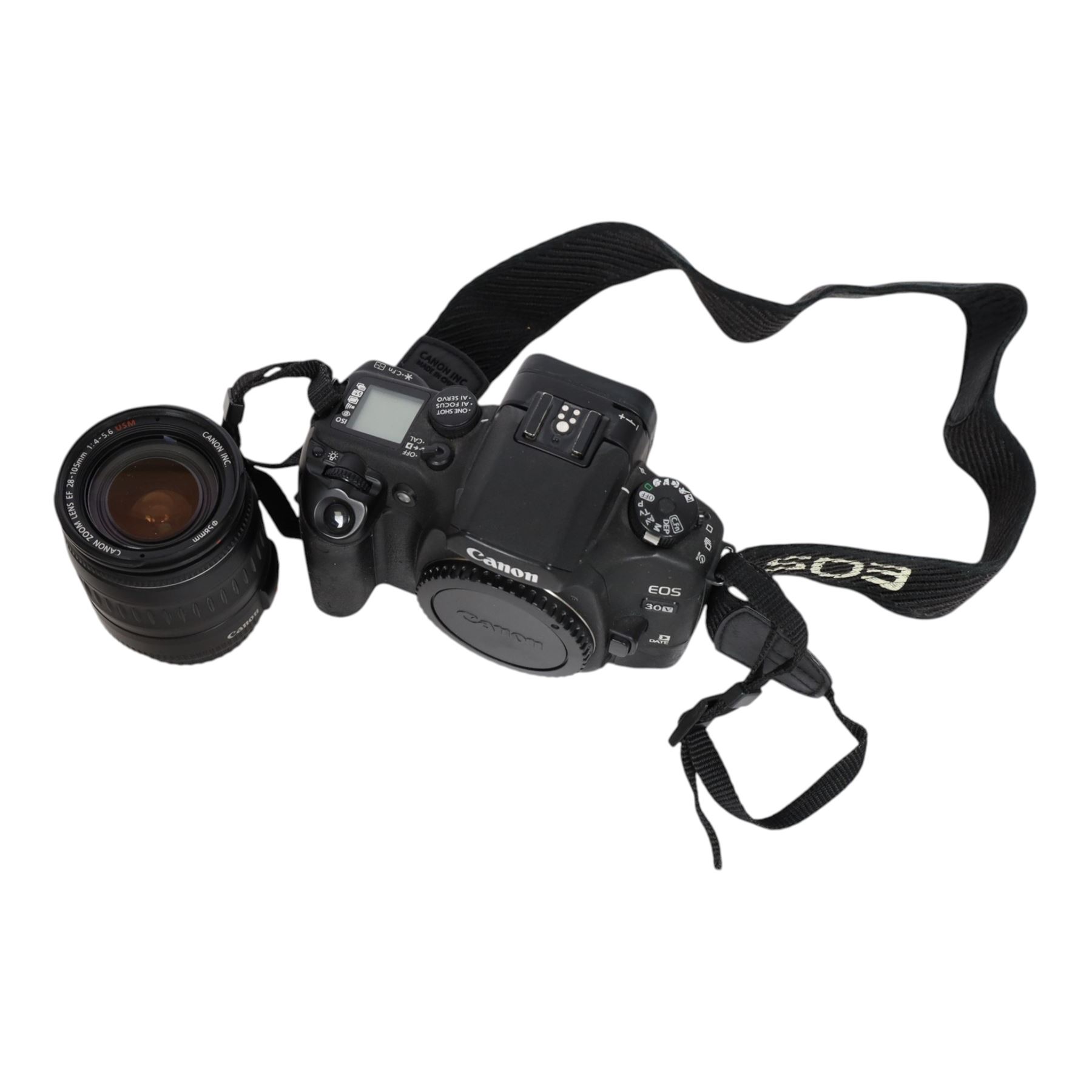 Canon EOS 30V Date 35mm film SLR camera body, serial no. 2189001422, with a Canon Ultrasonic EF 28-105mm f/4-5.6 USM lens, both boxed