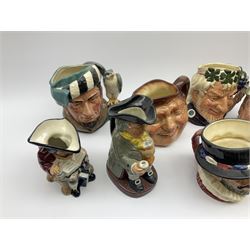 Collection of Royal Doulton character jugs, comprising of Old Charley, Beefeaters, John Barleycorn, Farmer John, Bacchus, the Falconer, Bournemouth pottery pirate jug, Roy Kirkham toby jugs, town clerk, Artful Dodger and other, Royal Doulton Happy John toby jug.