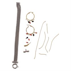 9ct gold jewellery, comprising white gold bracelet, beaded hoop earrings and pieces of chain