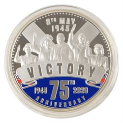 Queen Elizabeth II Solomon Islands 2020 '75th Anniversary of VE Day' five ounce fine silver proof ten dollar coin, issued by the Jubilee Mint, cased with certificate