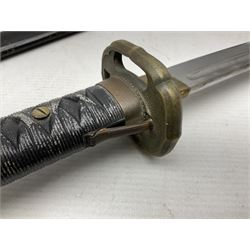 WW2 Japanese Army NCOs sword - katana, the 69.5cm slightly curving fullered blade numbered 14656; arsenal markings stamped near the habaki on the handle; brass tsuba and black painted metal hilt cast to simulate cord bound fish skin; in black painted steel scabbard with single suspension ring L96cm overall