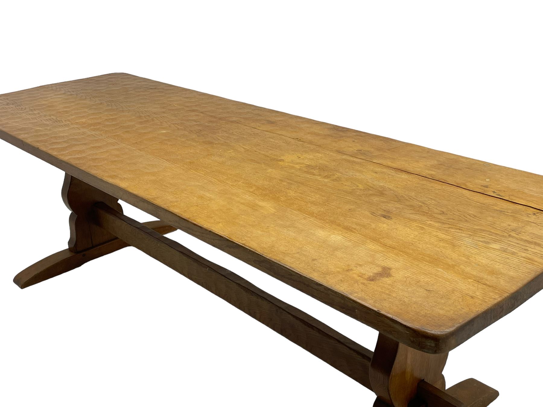 Gnomeman - large oak refectory dining table, rectangular adzed top on shaped end supports with sledge feet, united by pegged stretcher, carved with gnome signature, by Thomas Whittaker, Little Beck