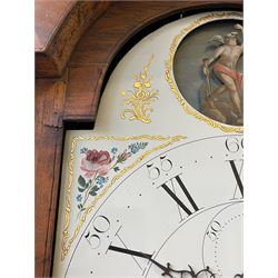 William Gostling of Diss  (Norfolk)-  Late 18th century 8-day oak longcase clock c1780-90, break arch top with scalloped cresting and three brass finials, glazed break arch hood door flanked by turned pilasters with brass capitals, trunk with a long trunk door and rounded top on a square plinth with an applied and shaped skirting, early painted Wilson of Birmingham dial with Roman numerals and five minute Arabic's, matching steel hands and second pointer, arched square ended calendar aperture with date disc behind, floral spandrels within gesso borders and a painted rocking automaton representing Mercury to the break arch, dial pinned via a false plate to a weight driven rack striking movement with a recoil anchor escapement, striking the hours on a cast bell. With pendulum weights and key. 
William Gostling (II) is recorded as working in Diss from 1774 to 1797, succeeded by widow Anne and son George . The dial of this clock is illustrated and discussed in detail in M.F. Tennants book 