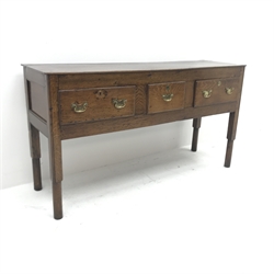 19th century oak dresser base, three drawers, turned supports, W152cm, H83cm, D53cm