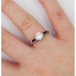 White gold round brilliant cut diamond ring, with milgrain set vari cut sapphire shoulders, stamped 18ct Plat, diamond approx 0.80 carat