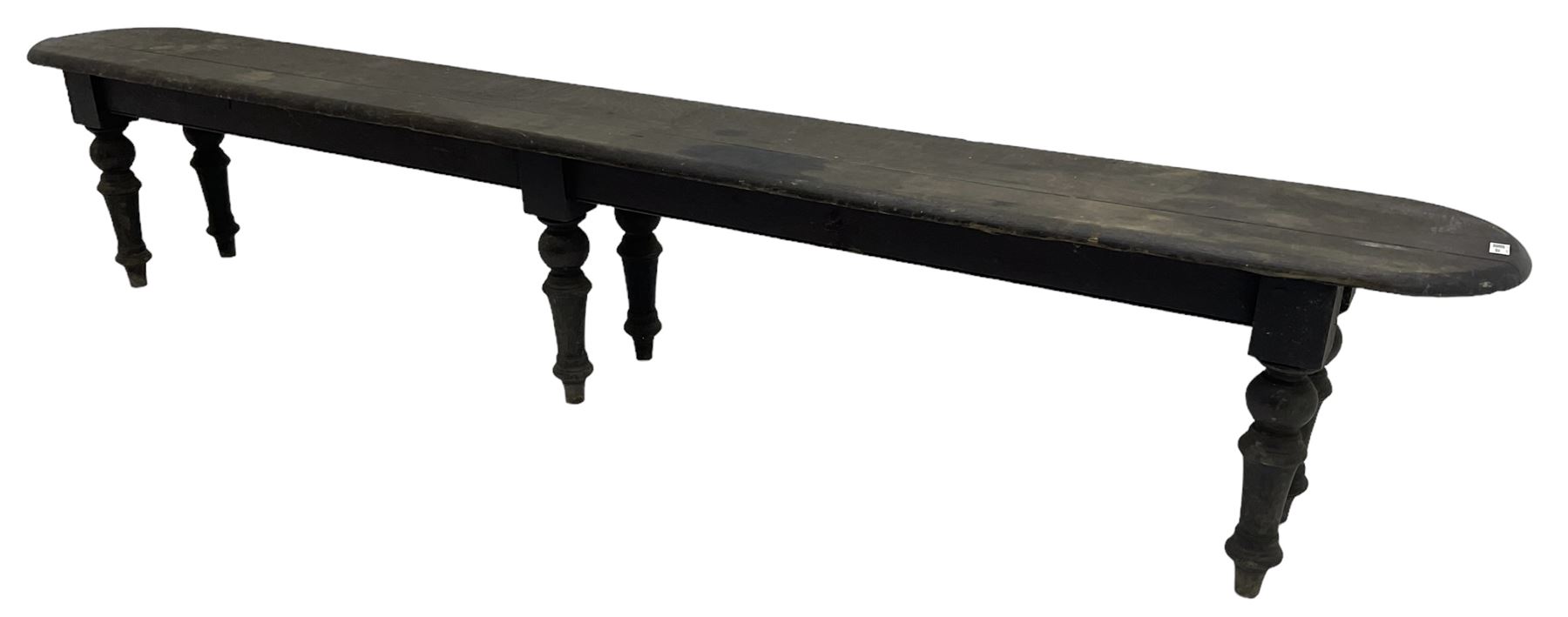 Large 19th century stained oak 9' hall bench, rectangular seat with rounded ends on turned supports