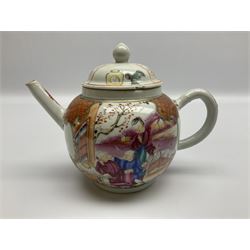 Two late 18th/early 19th century Chinese export teapots, the largest example of globular form with curved handle and straight spout, decorated in the Mandarin style with figural scenes surrounded by red scale reserves, H13.5cm, the second smaller example decorated in underglaze blue with two musicians in a landscape set with willow tree and fence, H10.5cm

