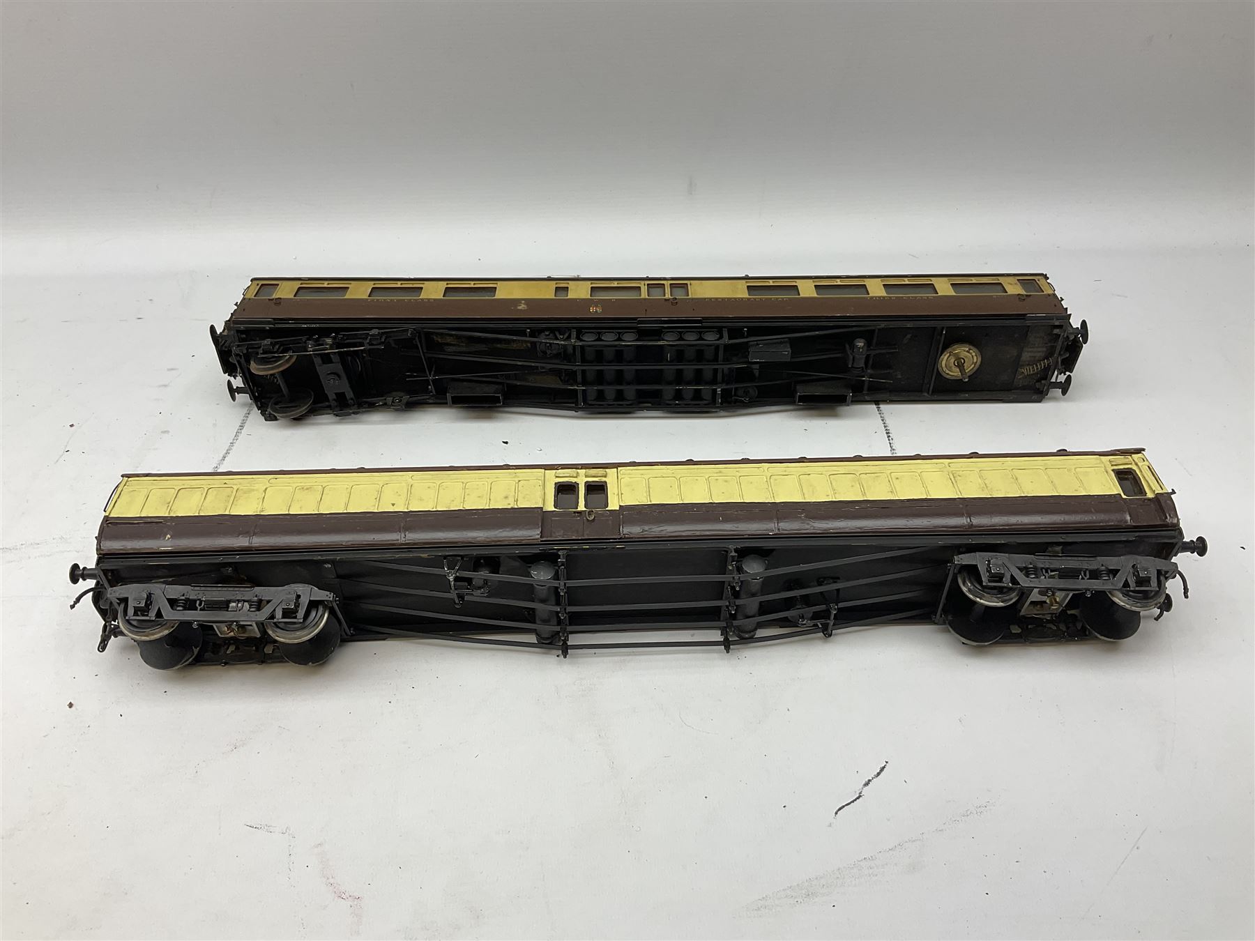 '0' gauge - eight early 20th century scratch-built coaches with GWR livery including three restaurant cars, newspaper van, luggage/guards van etc