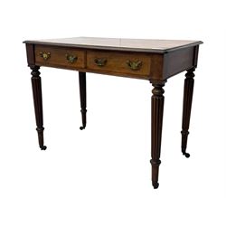 Early 19th century mahogany side table, moulded rectangular top over two drawers, on turned and reeded supports, brass cups and castors 