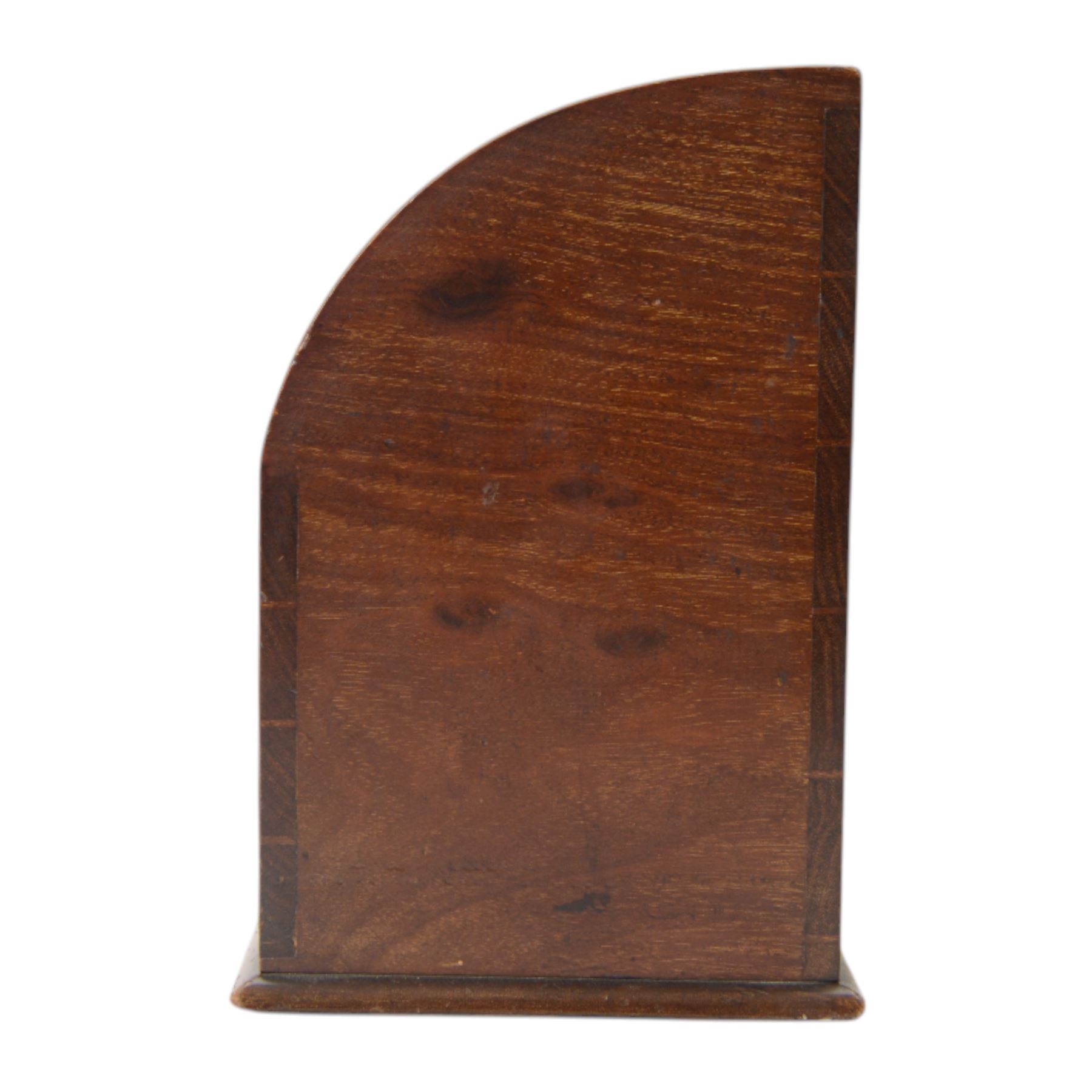 Edwardian mahogany letter rack, of rectangular form with curved sides and divided interior, the front inlaid with central oval fan motif and conforming corners, H20.5cm W33cm D14cm