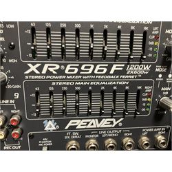 Peavey XR-696F 1200W Amplifier, serial no.K0241228, L47cm; with two Peavey UL bass bins L56cm and two Peavey top speakers L45cm with connecting rods; all with covers; and quantity of heavy duty cables, two microphone cables and microphone stand