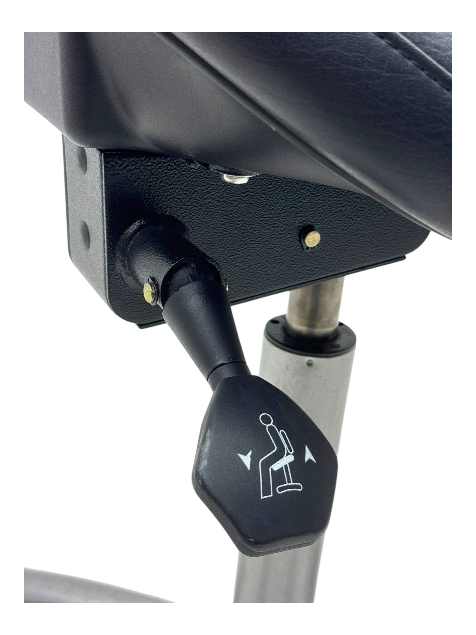 Score - contemporary 'Amazone' saddle stool, upholstered in black leatherette with adjustable height and tilt mechanism, raised on chrome spoke base fitted with castors