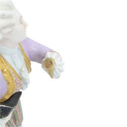 Pair of late 19th century French Letu & Mauger bisque figures, modelled as a gallant and his companion, with impressed marks beneath, H35.5cm, together with a 19th century French mantle vase, in the manner of Jacob Petit, the vase of cornucopia form painted with rose sprays and heightened with gilt, mounted with the figure of a trumpet player, upon a naturalistically modelled base mounted with a recumbent goat, H35cm