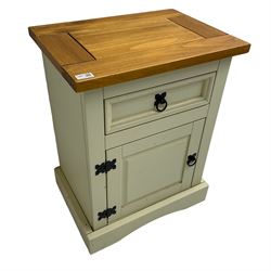 Painted pine bedside cupboard, rectangular top over single drawer and panelled cupboard, on skirted base