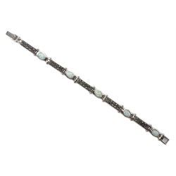 Silver opal and marcasite link bracelet, stamped 925