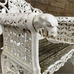 20th century Coalbrookdale design cast iron oak leaf and acorn armchair, white painted cast iron frame with slatted wooden seat, the pierced and shaped back decorated with scrolling oak branches and leafage, flanked by dog mask arm terminals over cabriole supports with paw feet