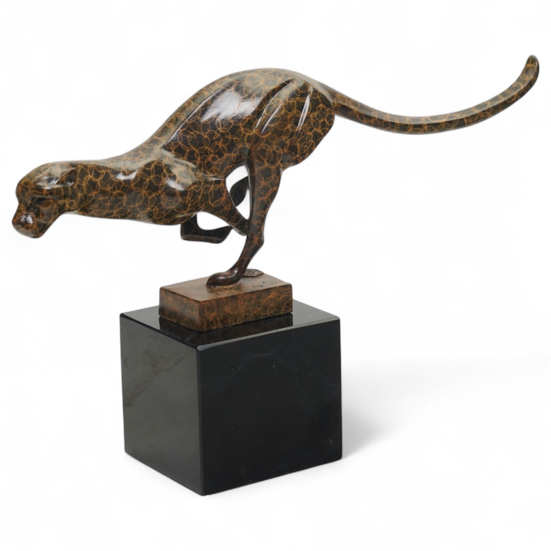 After Milo - Bronze two toned figure of running cheetah, upon a rectangular marble base, signed and with foundry mark, H20cm