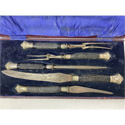 James Deakin & Sons five piece horn handled carving set, in blue velvet lined fitted case, L43cm