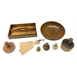 Small walnut dairy bowl, beech twin compartment cutlery tray, and small group of treen, comprising two butter pats, and five butter moulds, in one box 