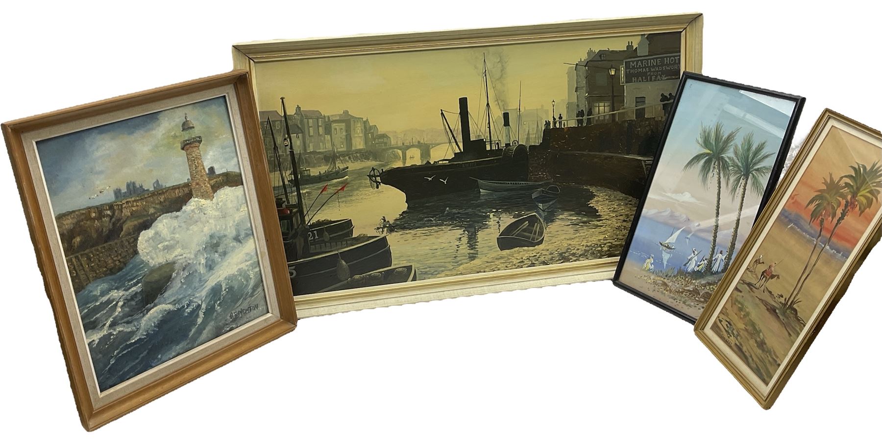 Newton (British 20th century): Whitby Abbey from Lighthouse, oil on board signed; English School (20th century): West Harbour Whitby with Marine Hotel, oil on board unsigned together with two Middle East watercolours max 43cm x 79cm (4)