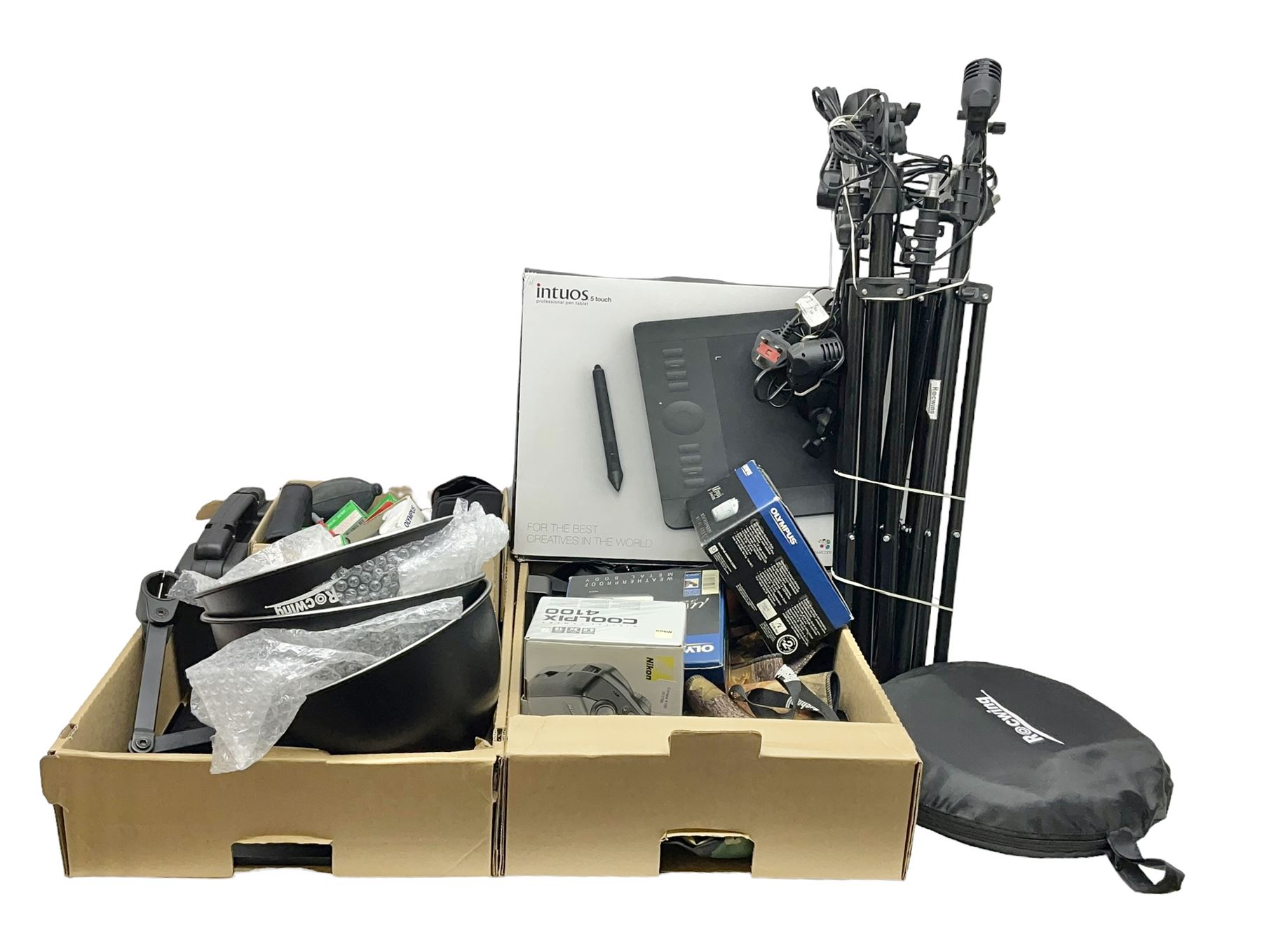 Rocwing photography studio lighting stands and shades, together with digital cameras and other camera equipment, in three boxes  