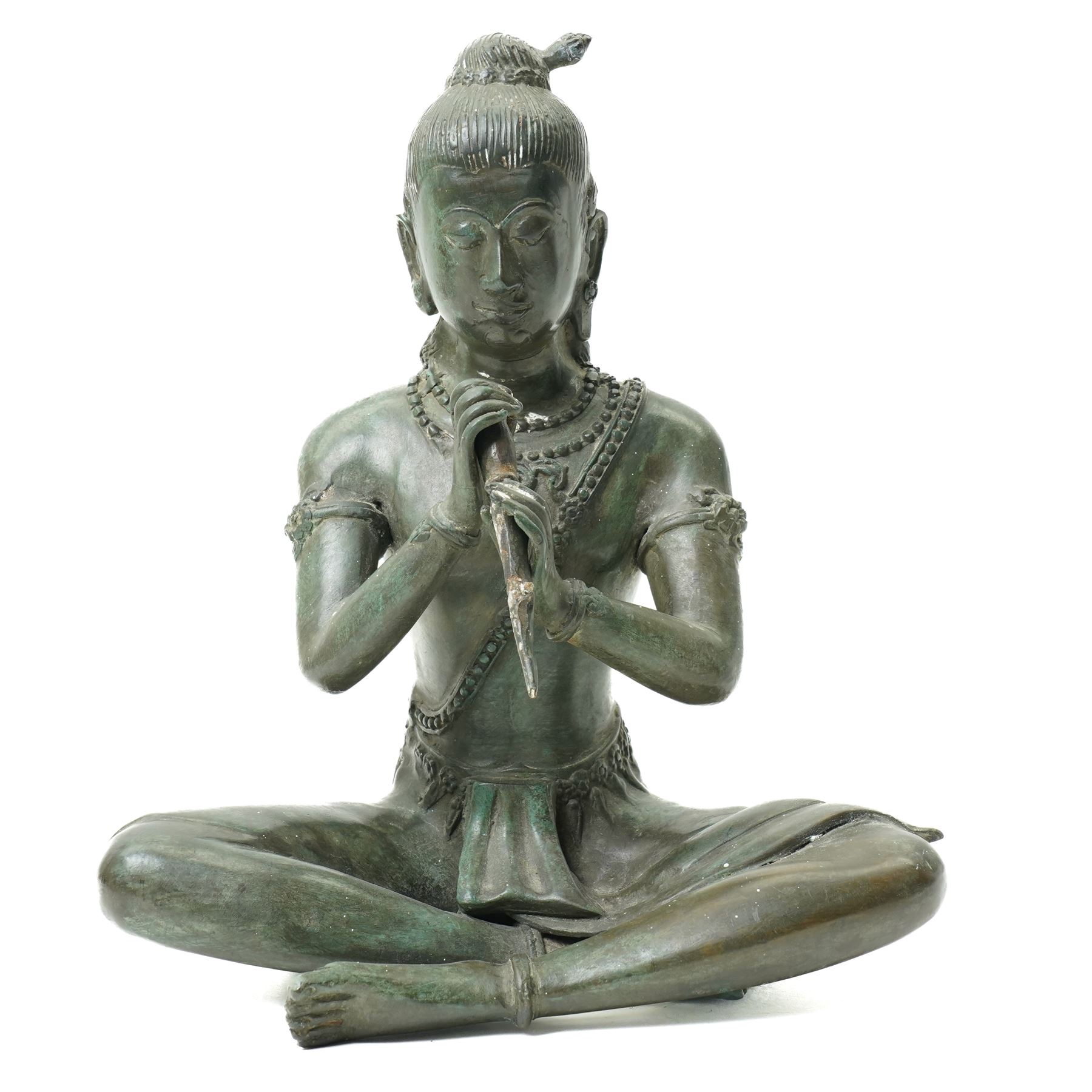 Early 20th century South East Asia bronze figure seated in the lotus position holding a dagger H28cm 
