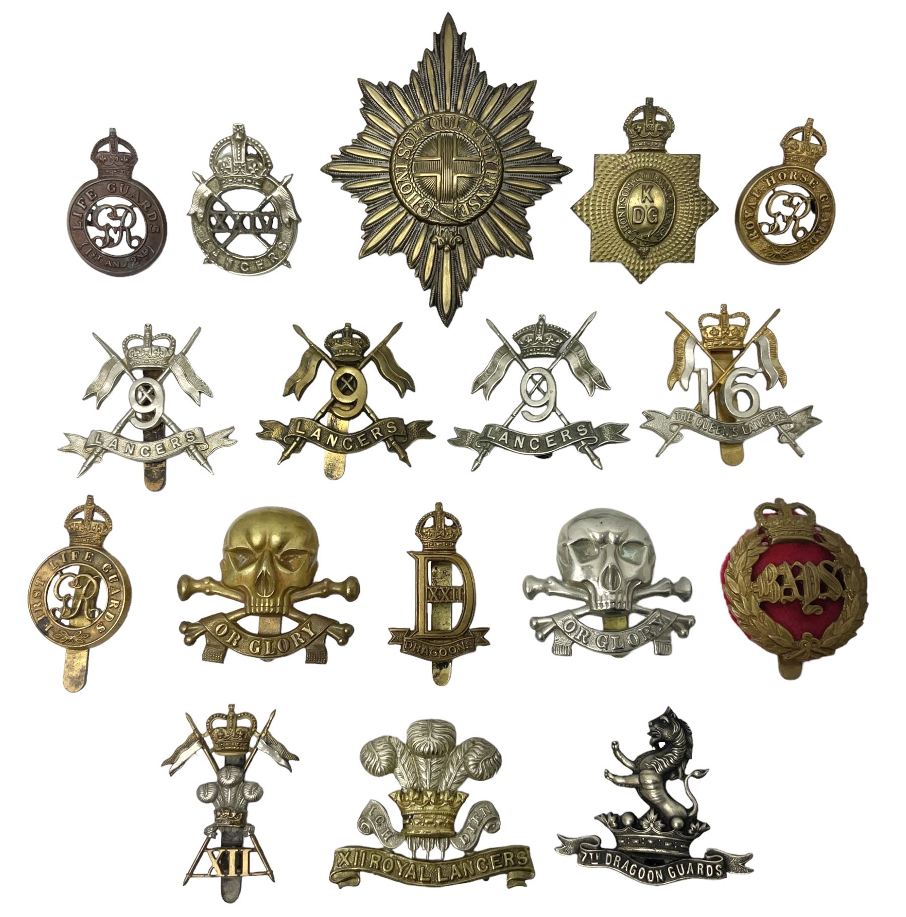 Nine Lancers metal cap badges including 9th, 12th Royals, 24th, 16th Queens and 17th; together with eight various Guards/Dragoons badges (17)