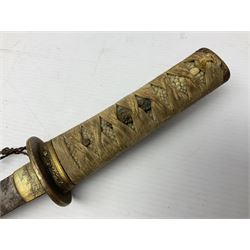 Japanese tanto dagger with 25cm single edged blade, gilded plain punched tsuba, cord bound ray skin grip incorporating menuki and ornate gilded metal mounts L39cm overall
