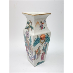 A Chinese Famille Rose vase, probably 18th century, of square section baluster form, decorated with sages, attendants and other figures, within a mountainous landscape, with twin iron red mask ring handles, H28cm, together with a similarly decorated cider mug, (a/f, lacking handle). 