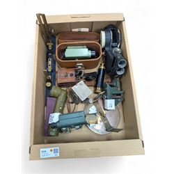 Two dumpy levels including Watts & Son ltd example and a Vickers Instruments example, US Navy bubble sextant, GT Price torch stamped US MX 991/U, 'The Unique' slide rule, three draw telescope and other instruments