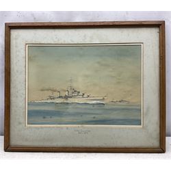 Commander Eric Erskine Campbell Tufnell RN (British 1888-1979): 'HMS Essington', 'HMS Vanguard', 'HMS Galatea', 'HMS Humber', and 'HMS Burnham', set five watercolours heightened in white signed and titled 26cm x 37cm (5)