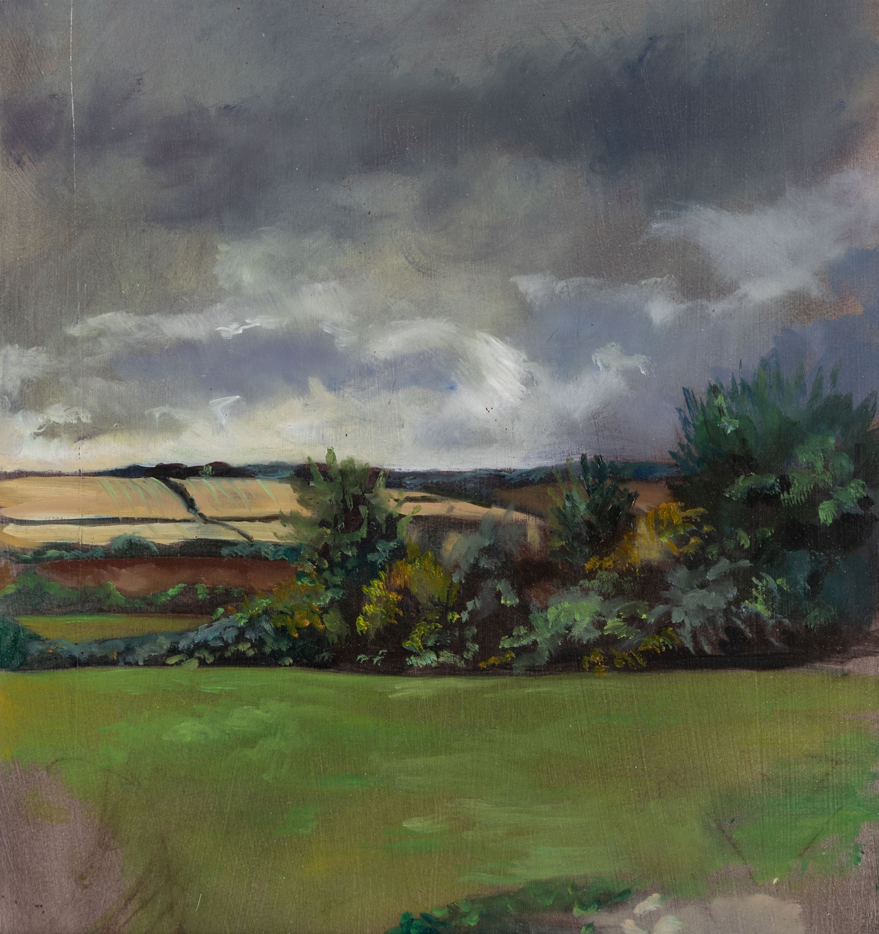 English School (Contemporary): Clouds Gathering over the Fields, pair of oils on board unsigned 31cm x 30cm (2)