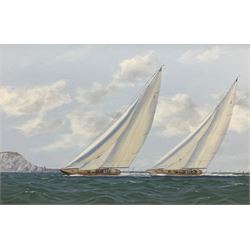 George Drury (British 1950-): J Class Racing Yachts - 'Velsheda and Endeavour off the Needles',  oil on board signed, titled verso 47cm x 73cm