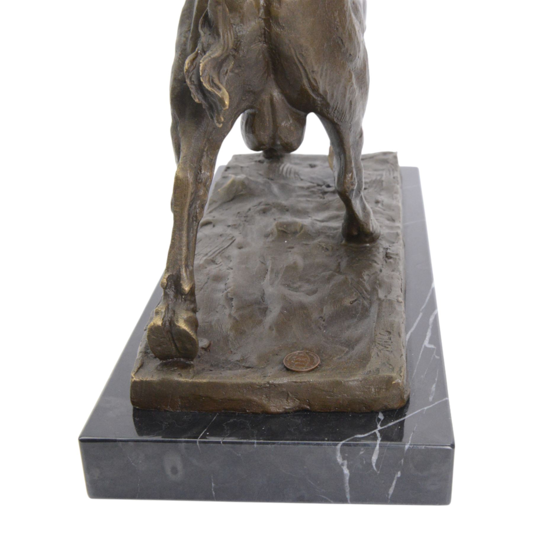 Bronze figure, modelled as a prancing bull, signed Milo, upon a marble rectangle base, base W36cm 