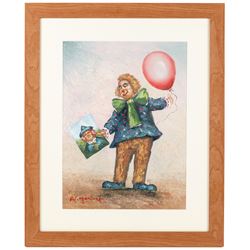 William Moninet (American 1937-1999): Circus Clowns and Clown with a Balloon, pair of oils on canvas board signed 39cm x 29cm (2)
