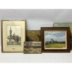 J M Oldroyd (British 19th century): Church with Figure, oil on canvas signed and dated 1894; Michael Langdale (British 20th century): 'Morvah Church', oil on canvas signed and dated '92 together with another 19th century oil of a similar subject and three further pictures of churches max 28cm x 38cm (6)